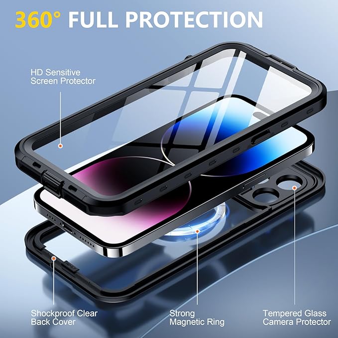 Red2Fire for iPhone 14 Pro Case Waterproof, Phone Case 6.1" Black/Clear - Image 5