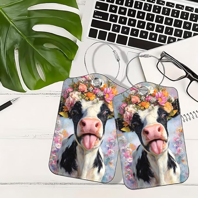 2Pcs Spring Floral Cow Luggage Tags - Image 5