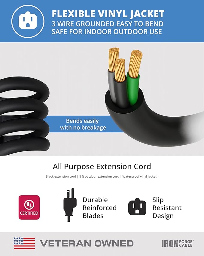 Iron Forge Cable Black Outdoor Extension Cord Waterproof 8 ft - Image 6