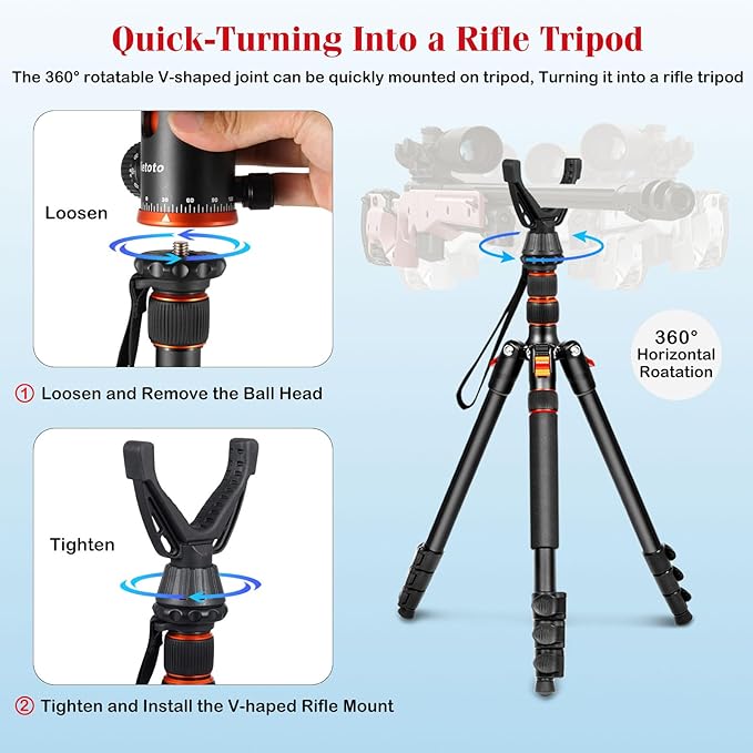 68" Ball Head Camera Tripod & Monopods, 360° Smooth Rotation V-Yoke Rifle - Image 4
