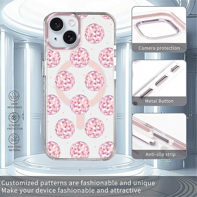 Case for iPhone 15, Disco Balls Pink Phone Case Design，for Women Girls Magnetic - Image 2