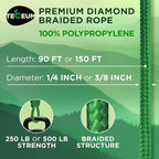 TECEUM Rope – 90 Feet x 3/8 Inch – Green – Strong All-Purpose Utility Rope – - Image 2