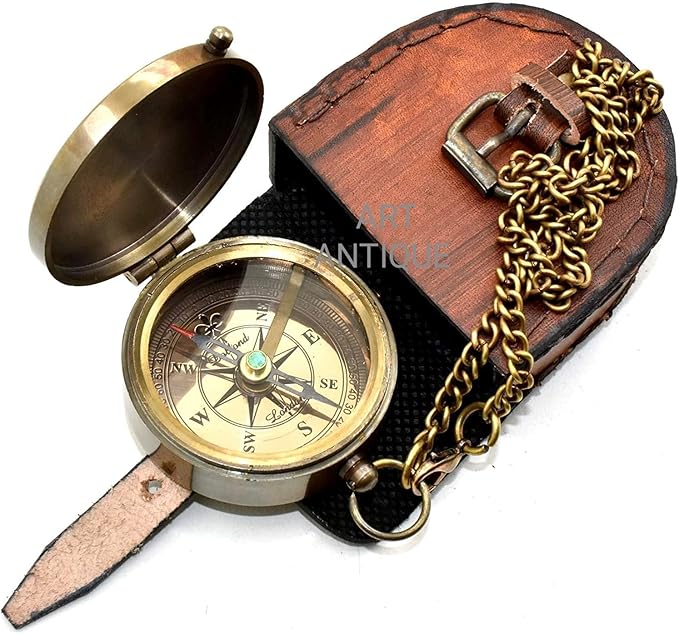 Vintage Brass Compass with Leather Case – Engraved “Not All Those Who Wander - Image 3