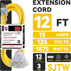 EP 12 Ft 12 Gauge Heavy Duty Extension Cord, 15A 125V 1875W, 3 Outlet - Image 2