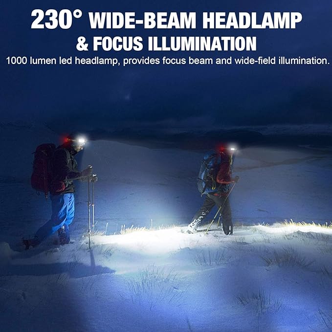 LED Headlamp, 1000lumens 230° Widebeam Headlight 4 Packs, USB Rechargeable - Image 2