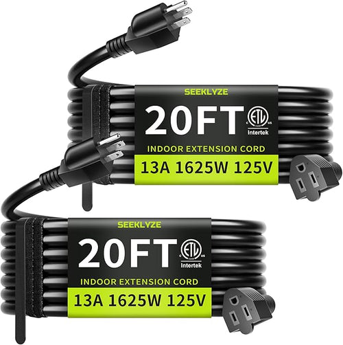 16/3 Black 20 FT Extension Cord, Indoor Extension Cord by Seeklyze