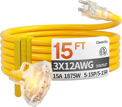 15ft 12 Gauge Heavy Duty 3 Outlet Extension Cord Splitter by Deeklify