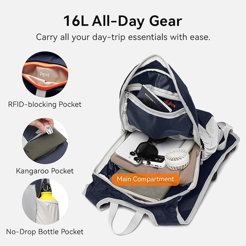 16L Small Hiking Backpack, CROSSGEAR Lightweight Waterproof Foldable Backpack - Image 2