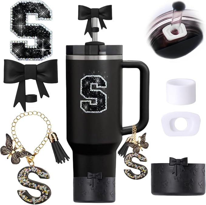 6pcs Black Stanley Cup Accessories Set, Bow Straw Topper by MOTEERLLU
