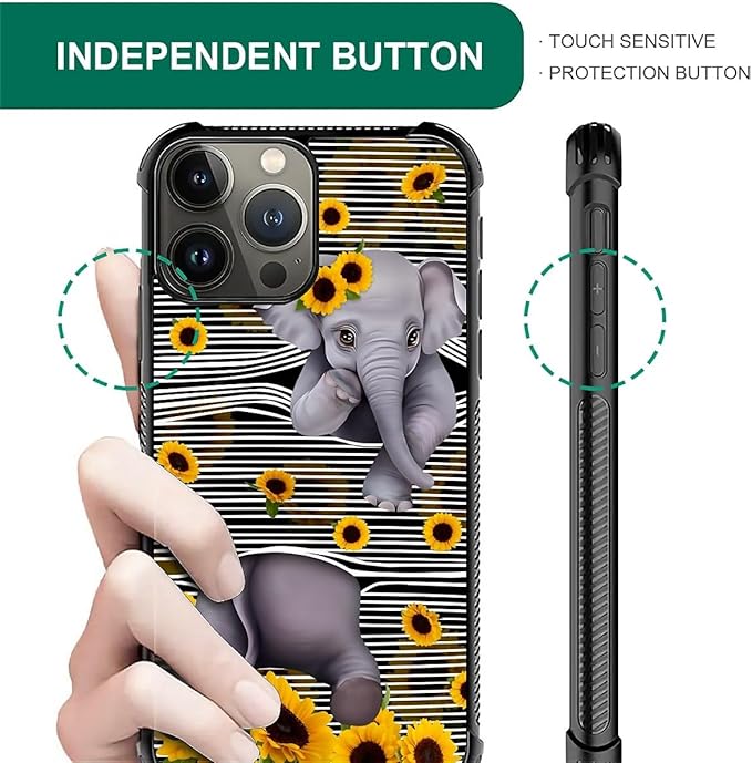 for iPhone 16 Pro Max Case, Cute Little Elephant Sunflower White Line Art - Image 4