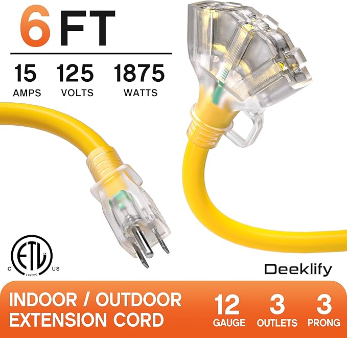 6 ft 12 Gauge Heavy Duty 3 Outlet Extension Cord Splitter - Image 2