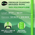 TECEUM Rope – 90 Feet x 1/4 Inch – Neon Green – Strong All-Purpose Utility Rope - Image 2