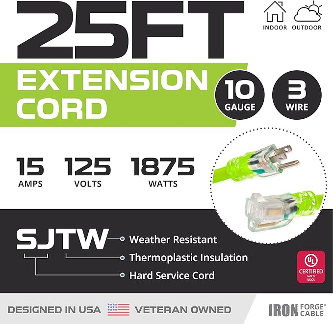 Iron Forge Cable 10 Gauge Extension Cord 25 ft, 10/3 Heavy Duty Extension Cord - Image 2