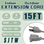 Indoor Outdoor Extension Cord 15 FT, 16/3 SJTW Weatherproof Grey Electrical - Image 2