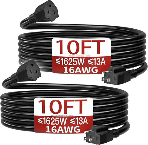 16/3 Short Extension Cord 10 FT 2 Pack, Indoor 3 Prong Power Cable, Suitable by Skrizcable