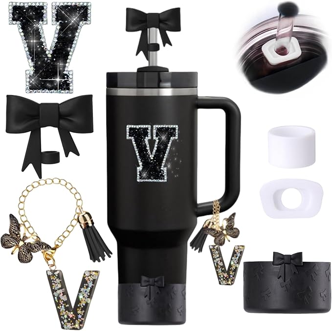6pcs Black Stanley Cup Accessories Set, Bow Straw Topper by MOTEERLLU