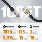 100 FT Outdoor Extension Cord Waterproof, 16/3 Gauge Heavy Duty 3 Prong Power - Image 2