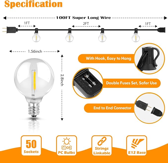 Brightever 100ft Outdoor G40 LED Globe String Lights Dimmable Waterproof - Image 3