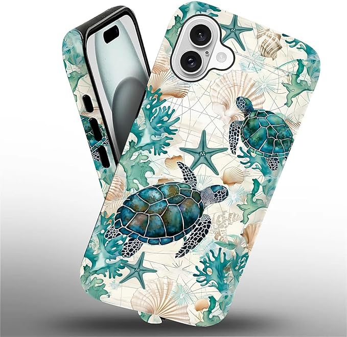 for iPhone 16 Plus Case, HH2 Ocean Sea Turtle Nautical Map Hybrid 2 Layer Hard - Image 2