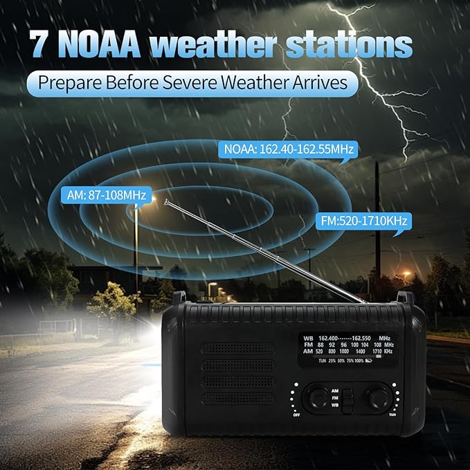 20000mAh Emergency Crank Radio, NOAA/AM/FM Portable Weather Radio, Solar Hand - Image 4
