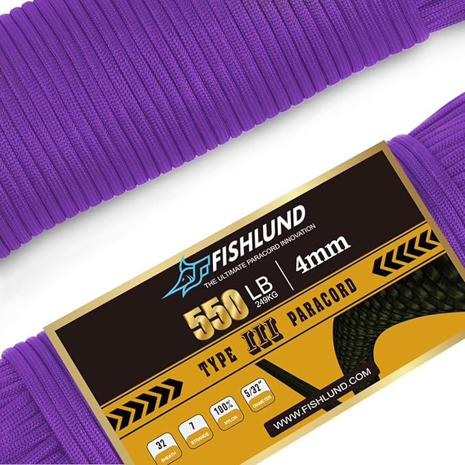 Paracord 550 lb, 7 Strand Paracord Rope 50ft 4mm, Nylon Parachute Cord by FISHLUND