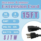 Indoor Outdoor Extension Cord 15 FT, 16/3 SJTW Weatherproof Black Electrical - Image 2