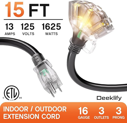 15 ft 16/3 awg 3 Outlet Extension Cord Splitter - Image 2