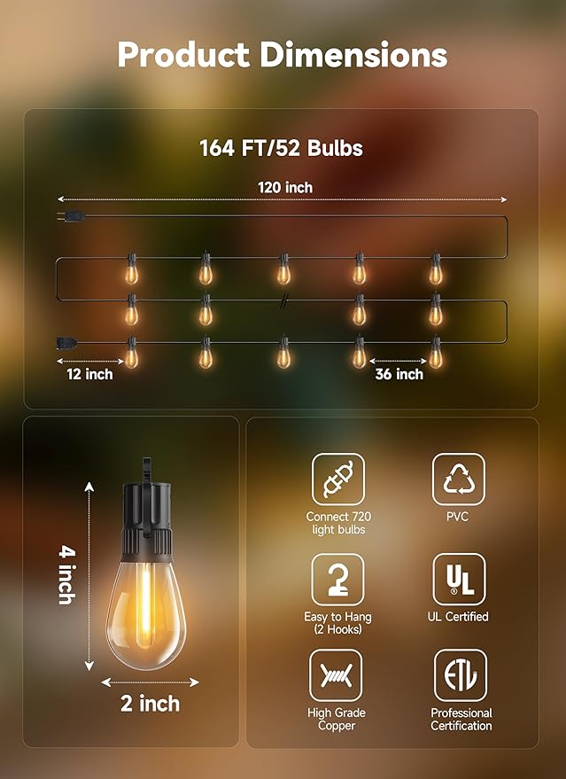 Minetom 164FT Outdoor String LED Patio Lights Waterproof, 52 Shatterproof S14 - Image 8