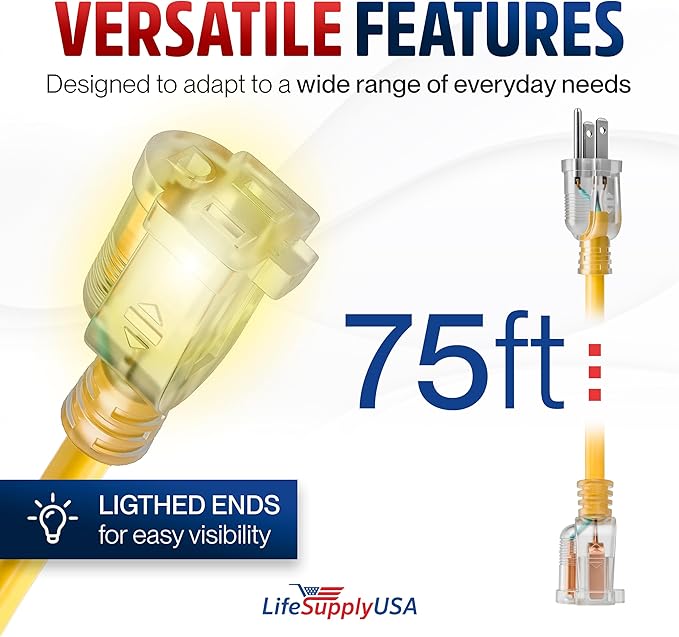 75ft Outdoor/Indoor Extension Cord 12/3 Gauge Extra Heavy Duty 3 Prong SJTW - Image 6