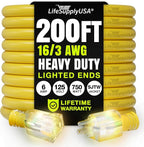 200ft Outdoor/Indoor Extension Cord 16/3 Gauge Heavy Duty 3 Prong SJTW by LifeSupplyUSA