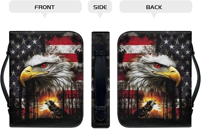 Small Bible Cover Case for Women Men American Flag Wolf Bald Eagle Print PU - Image 2
