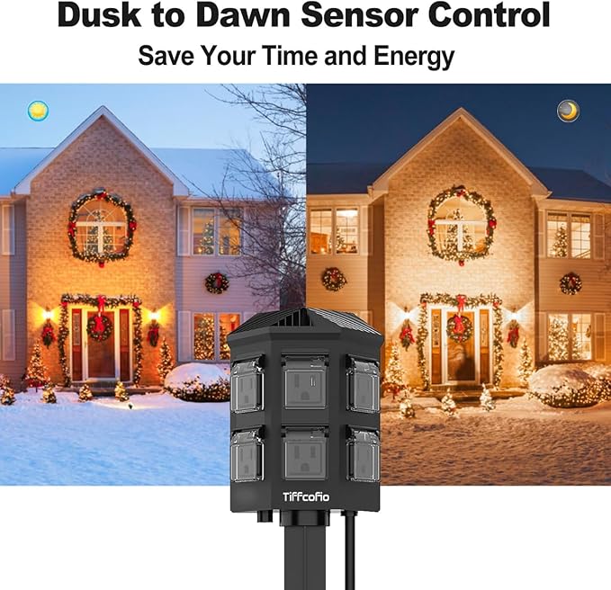 TiFFCOFiO Outdoor Power Strip Timer, Dusk to Dawn Light Sensor Countdown - Image 6