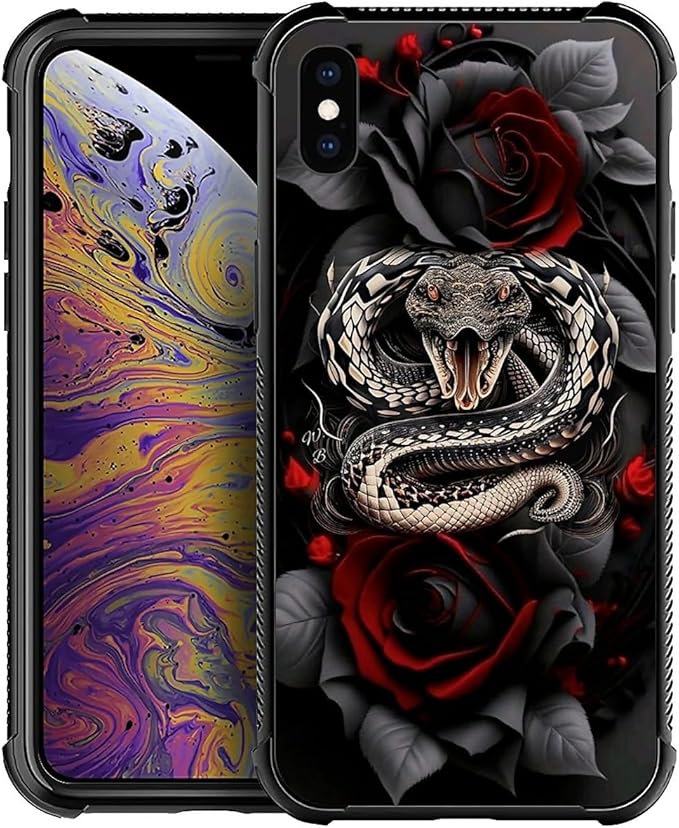 for iPhone X/Xs Case, Entwined Rose Snake Pattern Graphic Design Girl Boy Soft by FKBRCL4U