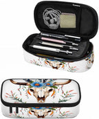 Cow Skull Pencil Holder Bag Bull Head Flowers Feathers Boho Style Pencil Case by Unknown