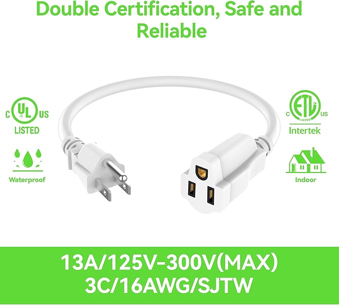 Power Extension Cord 2FT/24Inch, Short 3 Prong Electric Extension Cable Outlet - Image 2