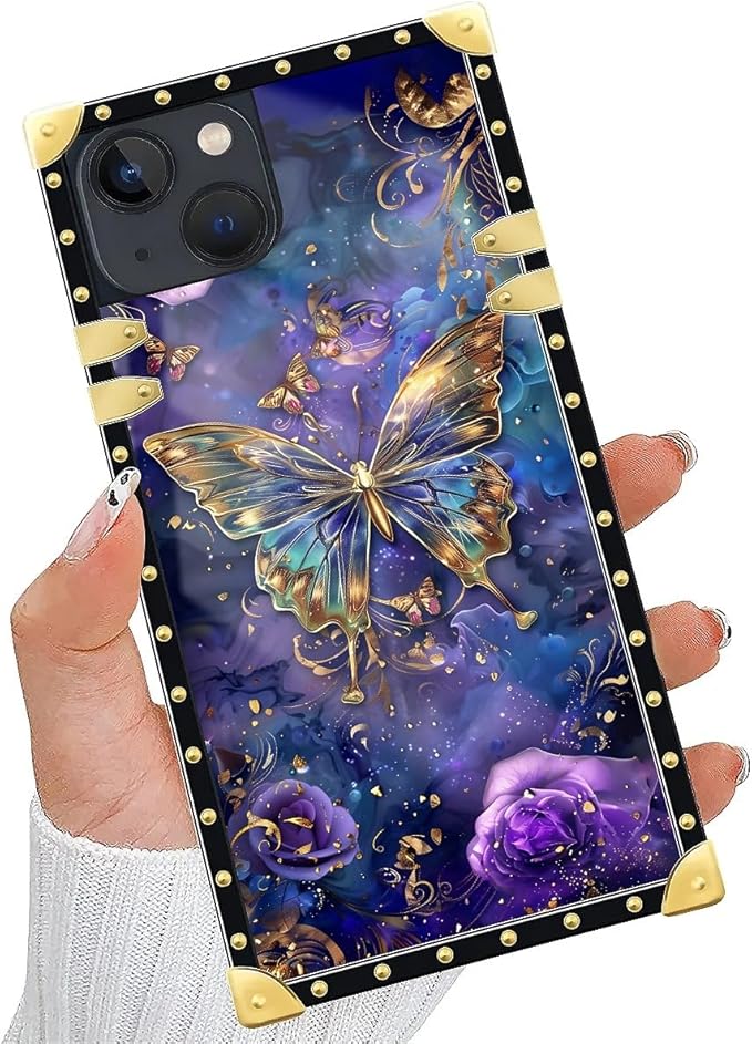 Compatible with iPhone 14 Case, Glistening Golden Butterfly Vibrant Purple Blue - Image 5