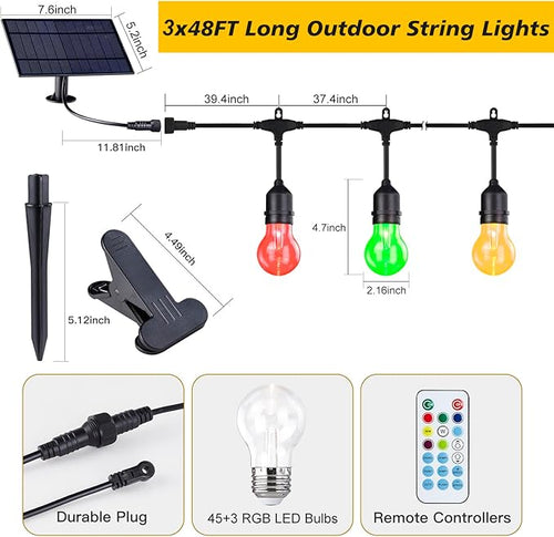 144FT Solar Outdoor String Lights, 45 Shatterproof E26 Edison LED Bulbs - Image 2