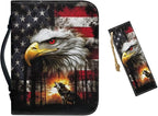 Large Bible Cover Case for Women Men American Flag Wolf Bald Eagle Print PU by Unknown