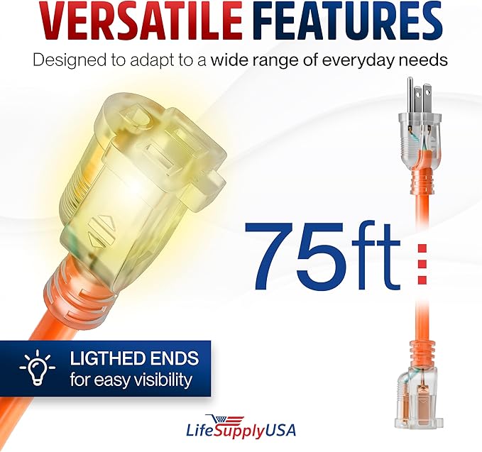 75ft Outdoor/Indoor Extension Cord 14/3 Gauge Heavy Duty 3 Prong SJTW, - Image 6
