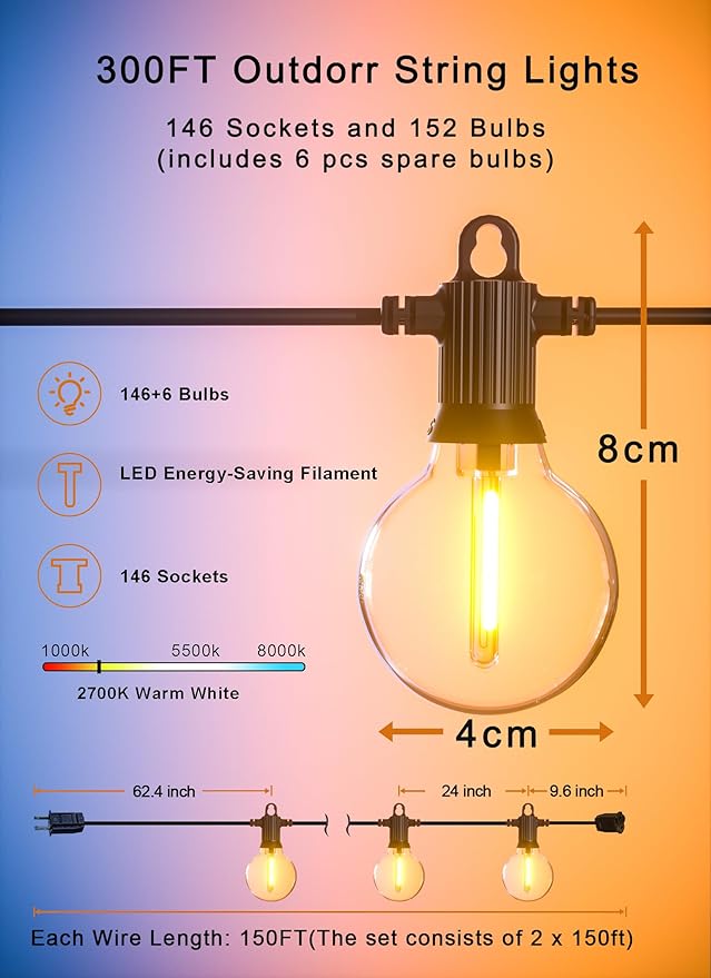 Zuske Outdoor String Lights Waterproof, 300FT Patio Lights - Image 5