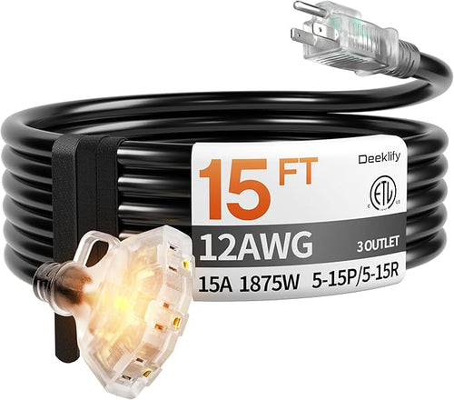 15 ft 12 Gauge Heavy Duty 3 Outlet Extension Cord Splitter by Deeklify