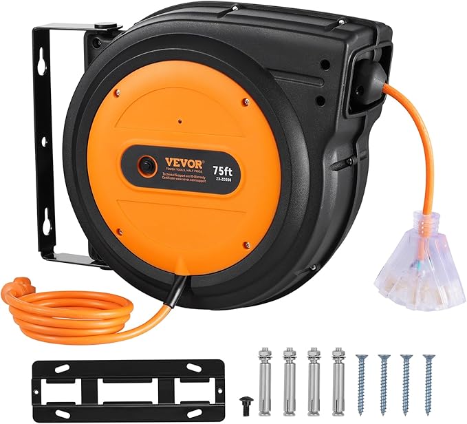 VEVOR Retractable Extension Cord Reel, 75 FT, Heavy Duty 14AWG/3C SJTOW - Image 9