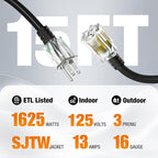 15 FT Outdoor Extension Cord Waterproof, 16/3 Gauge Heavy Duty 3 Prong Power - Image 2