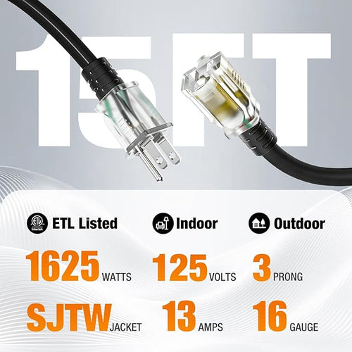 15 FT Outdoor Extension Cord Waterproof, 16/3 Gauge Heavy Duty 3 Prong Power - Image 2