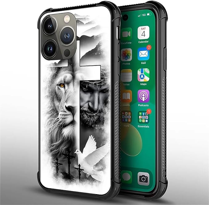 for iPhone 14 Pro Max Case, Lion Cross Jesus Christ Dove Pattern Graphic Design - Image 4