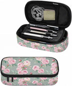 Pink Blooming Flower Pencil Holder Bag Roses Peonies Bouquets Leaves Garden by Unknown