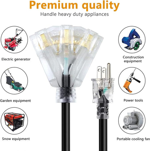 15FT 12/3 Extension Cord Heavy Duty Black 3-Outlet Indoor/Outdoor SJTW Lighted - Image 2