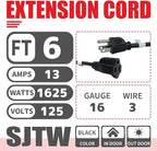 EP 6FT Black Outdoor Extension Cord, 16/3 SJTW Heavy Duty Waterproof, 3 Prong - Image 2