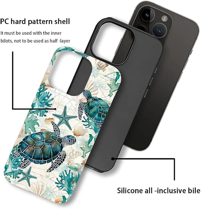 for iPhone 13 Pro Case, HH2 Ocean Sea Turtle Nautical Map Hybrid 2 Layer Hard - Image 3