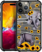 for iPhone 15 Pro Case, Cute Little Elephant Sunflower White Line Art Pattern by FKBRCL4U